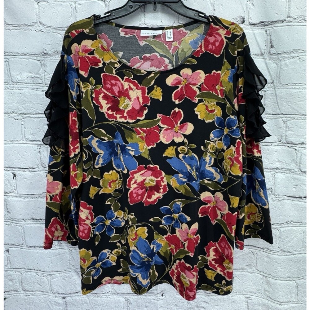 Susan Graver Black Floral Ruffle-Sleeve Blouse with Red, Blue, Yellow Flowers
